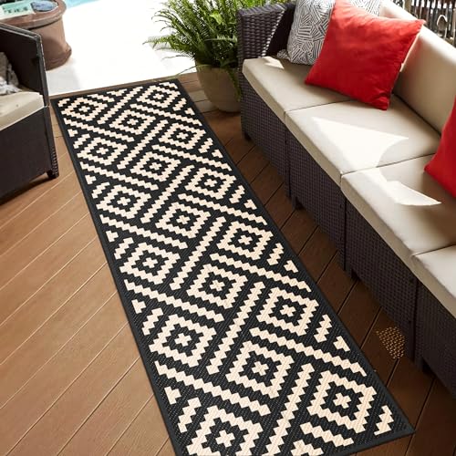 Image of GENIMO Outdoor Rug, Waterproof Plastic Runner Rugs, 2.5'x8' Black Beige