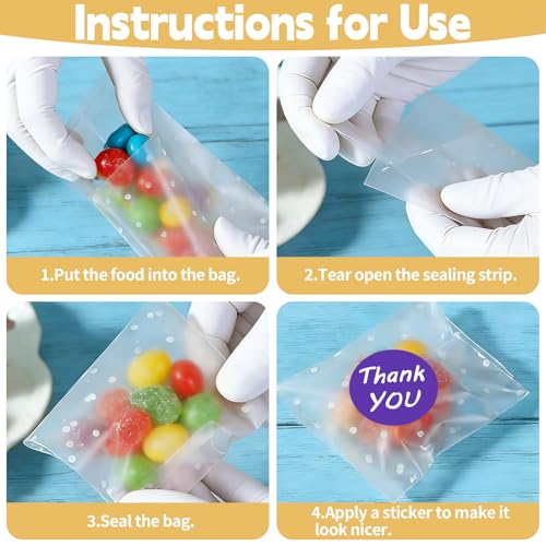Realjoy Cellophantüten Klein Klar, 100 Stück Selbstklebend Zellophantüten mit 144 Aufklebern, Transparent Plätzchentüten mit Weiße Tupfen, Kleine Plastiktüten für Süßigkeiten Schokolade Kekse(14x14cm)