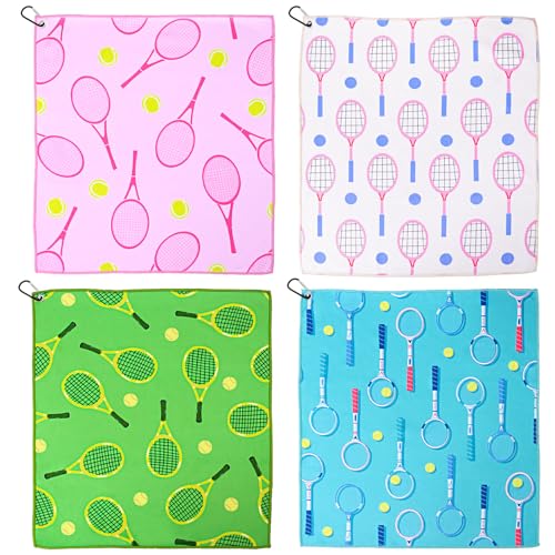 DAVAXI 4 Pcs Tennis Towels 15 x 17 Inch Soft Prints Towel Absorbent Fast Drying Funny Sport Towel with Carabiner Clip Sport Hand Towels Tennis Gift for Women Men Team Sports Accessories