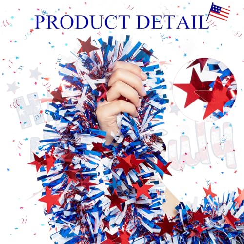 Image of 33FT 4th of July Patriotic Tinsel Garland Red White Blue Metallic Twist Foil Tinsel Garland with Star Shiny Hanging Decorations for Independence Day Memorial Day Celebration Party Decoration