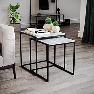 Vida Designs Brooklyn Nest of Tables 2 Piece Set Coffee Side End Tables Industrial Rustic Living Room Furniture (Grey)