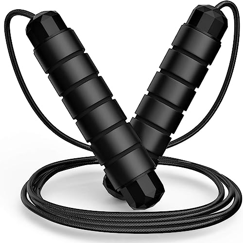 Image of Jump Rope, Tangle-Free Rapid Speed Jumping Rope Cable with Ball Bearings for Women, Men, and Kids, Adjustable Steel Jump Rope Workout with Foam Handles for Fitness, Home Exercise & Slim Body (Black)
