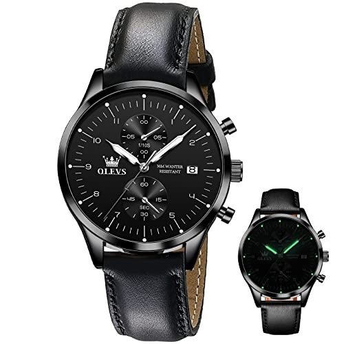 OLEVS Black Leather Watches Sport Casual Chronograph Mens Watches Fashion Stainless Steel Watches Luxury Faux-Leather Quartz Men's Wrist Watches Date Multi-Function Easy Wear Business Watches for Men