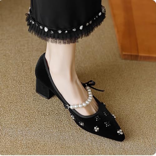 Women's Suede Beaded Pearls Strap Pointed Toe Chunky Heel Mary Jane Pumps Fashion Summer Non-Slip Heels with Pearl Decor Slip on Block Mid Heel Wedding Bridal Party Dress Shoes4