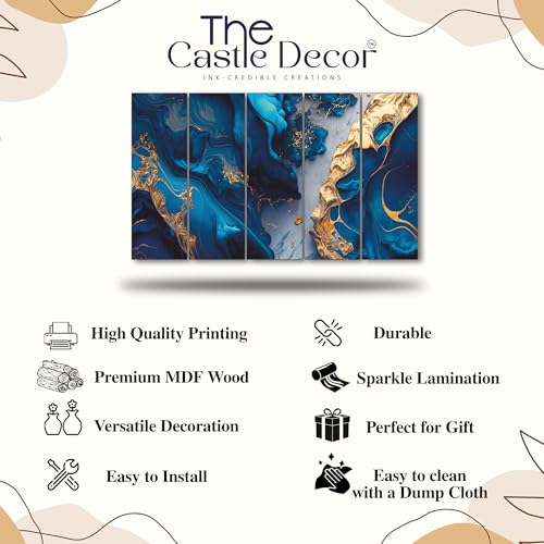 Image of The Castle Decor lord Blue Gold sparkle painting with frame 5 Big Size (27x48) Multiple Frames Wall Art Painting for living room,Bedroom,Drawing room,Hotels-Wooden Framed-Digital Painting