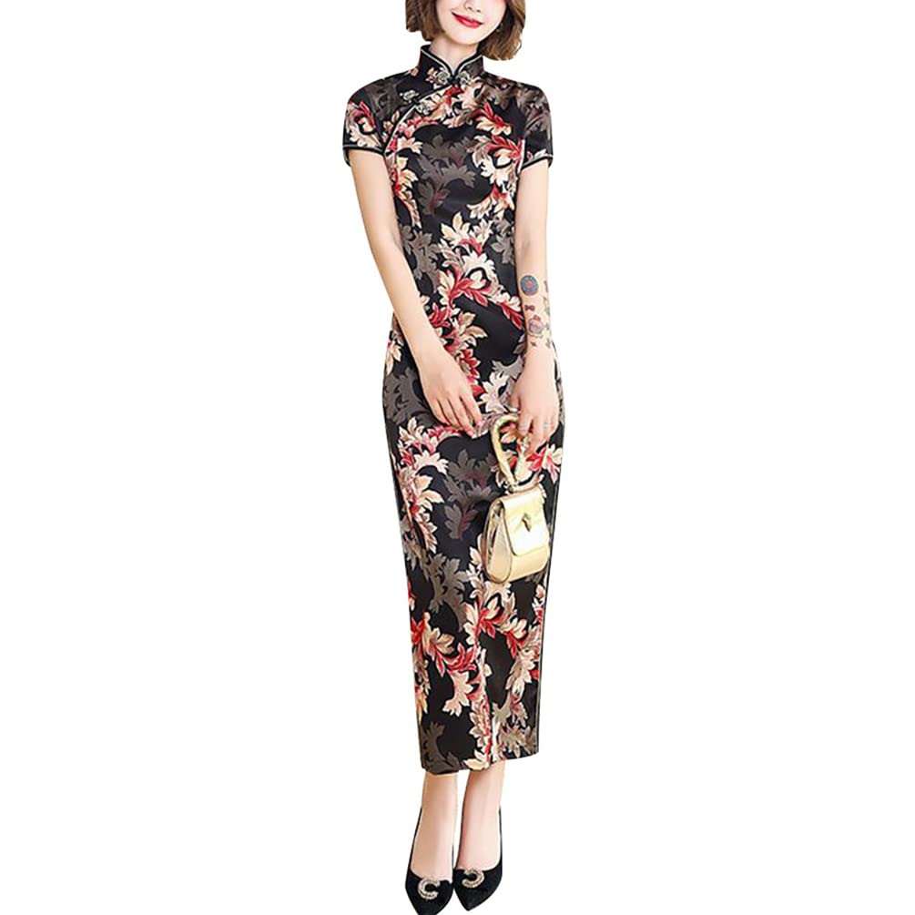 StarDYWomen's Modern Cheongsam Maxi Dress Floral Print Short Sleeve Slim Fit Ankle Length Bodycon Qipao Tradtional Chinese Dress