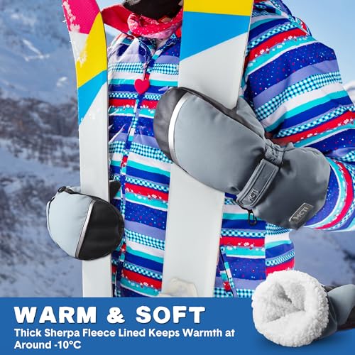 Image of MCTi Kids Mittens Waterproof Winter Ski Warm Sherpa Lined Long Cuff with String