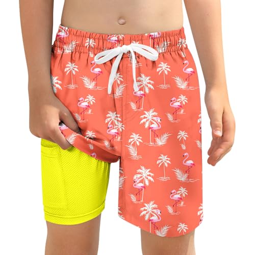 Boys Bathing Suit Boy Kids Flamingo Swim Swimming Trunks Size 16 18 20 with Compression Liner Youth Teen Boy's Swimwear Beach Board Short