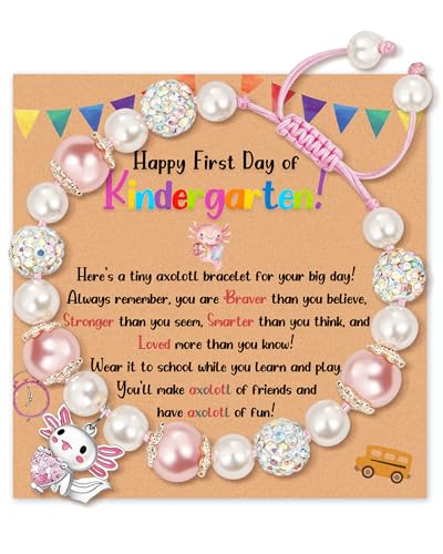 PEALICIOUS First Day of Kindergarten Gift for Girls, Adjustable Axolotl Charm Bracelet as 1st Day of Kindergarten Separation Anxiety Gift with Inspirational Card, Cute Back to School Kinder Jewelry