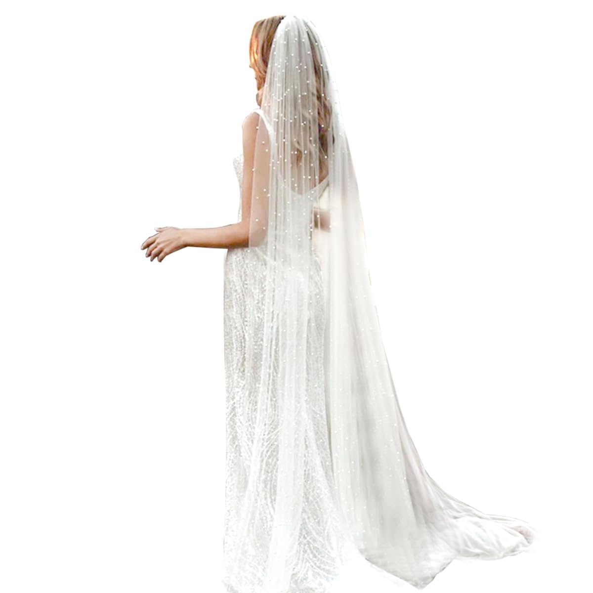 Chrumeshi Women's White Long Wedding Bride Veil Pearl Chapel Length Veils For With Comb, Floor Length 75 (Inch)