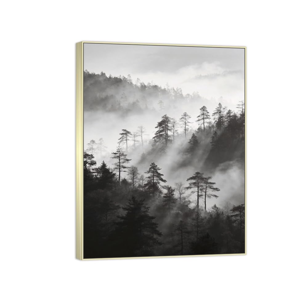 Forest Tree 7 Black White Landscape Canvas Picture 70x90cm Silver Frame