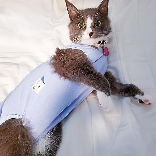 Image of Cat Recovery Suit for Male and Female Surgical Post Surgery Soft Cone Onesie Shirt Clothes Neuter Licking Protective Diapers Outfit Cover Kitten Spay Collar(M, Blue)