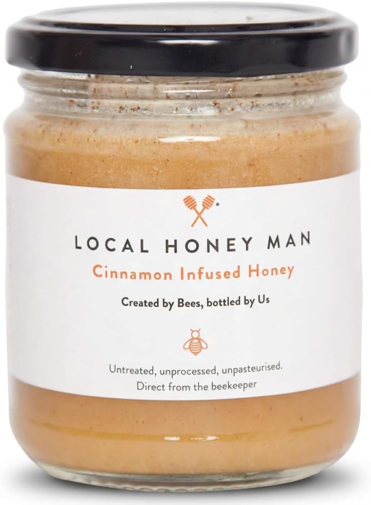 Local Honey Man 340g Cinnamon Infused Raw Honey, Pure British Unpasteurised Honey Directly Sourced from Hive to Jar, Unprocessed Never Blended - Delicious on Toast, Easy to Use in Drinks, Glass Jar