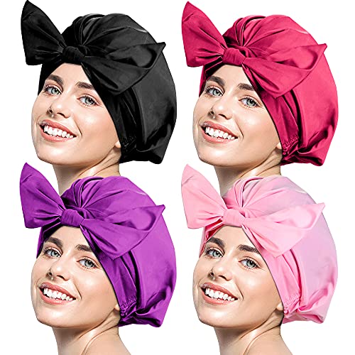 4 Pieces Shower Cap Waterproof Bowknot Bathing Caps Reusable Shower Hat Adjustable Flower Shower Bonnet for Women/Girls