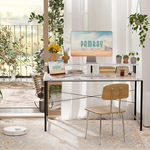 Image of Pamray 47 Inch Small Computer Desk with Monitor Stand, Simple Office Desk with Headphone Hook for Small Spaces, Kids Study Writing Table for Bedroom, Marble