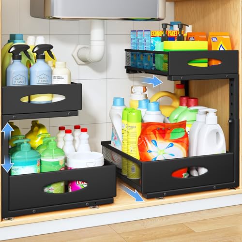 Under Sink Organizer, 2 Pack 2 Tier Pull Out Under Cabinet Organizer Shelf with Pad for Framed Cabinets, Metal Slide Out Under Sink Storage, Mesh Sliding Drawers for Kitchen Bathroom Laundry, Black