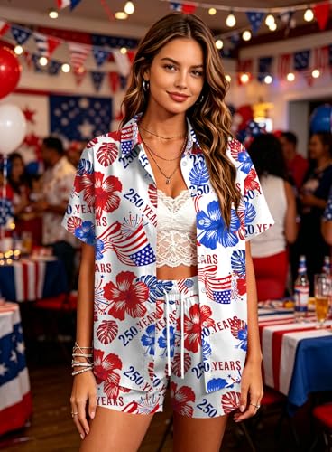 Image of Women 4th of July Outfit 2 Piece Set Short Sleeve Button Down Shirt and Shorts American Flag USA 250th Anniversary