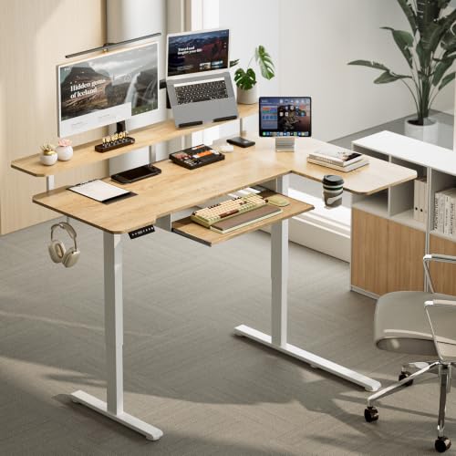 Image of Acrolix 59 inch L Shaped Standing Desk with Shelves Keyboard Tray,Oak