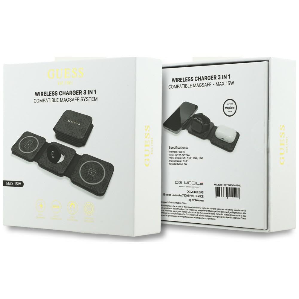 CG Mobile Guess 4G 3 w 1 15 W bezprzewodowa ładowarka, kompatybilna z MagSafe (czarna)