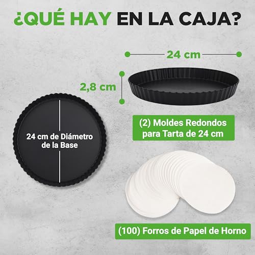 Miniatura 7 de Nutrichef 2 Moldes De Tarta Desmontables Para Repostería, Ideales Para Quiche Y Bizcochos, De 23 Cm, Acero Al Carbono Antiadherente Con Distribución Uniforme Del Calor, Incluye 100 Papeles Pergamino