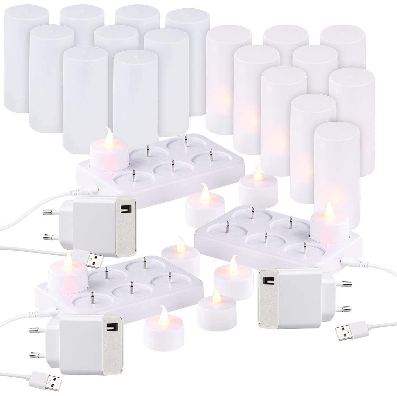 Lunartec Dekoglas Teelichter: 3er-Set, je 6 LED-Akku-Teelichter, flackernde Flamme, Teelichthalter (mit beweglicher Flamme, LED-Lichter mit Ladestation, Akkus)