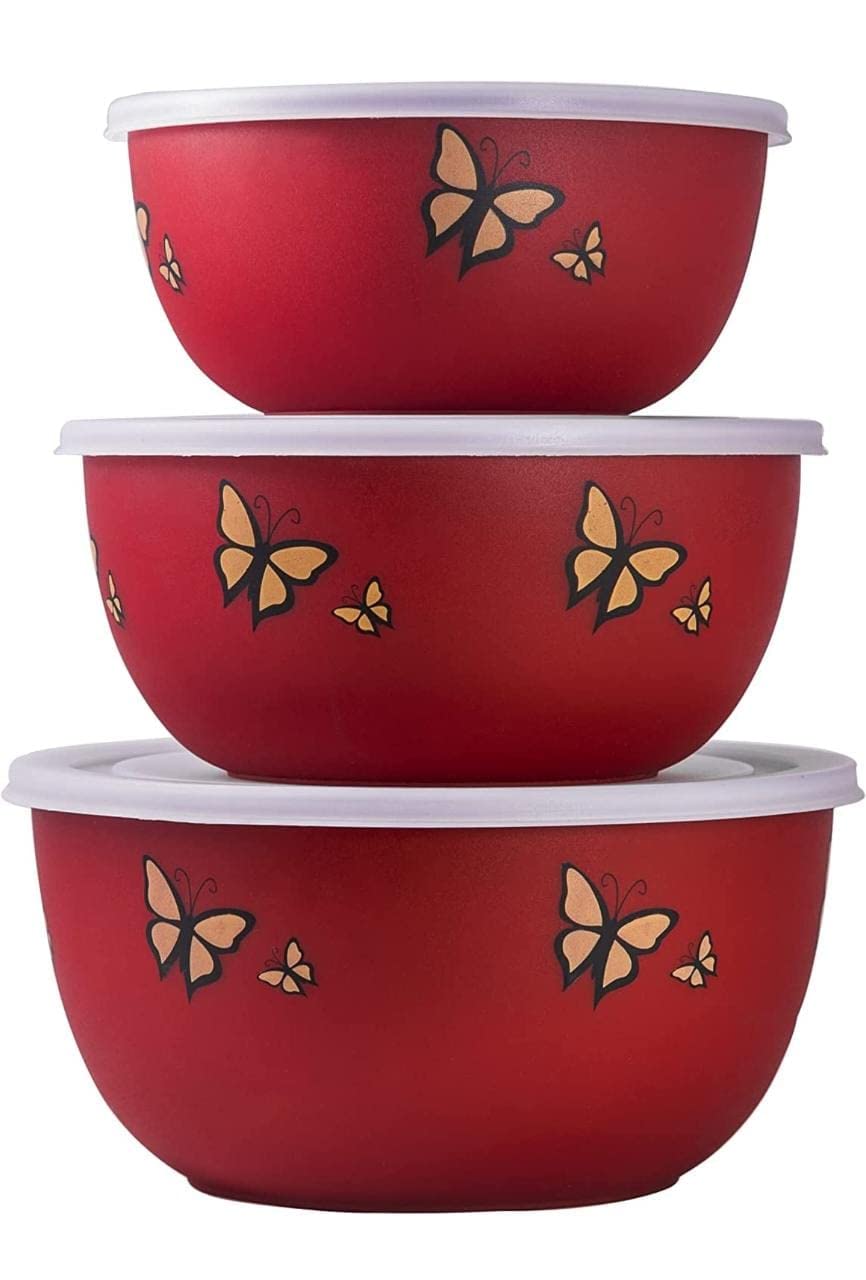 Evaya Stainless Steel Microwave Safe Euro Bowl Set with Lid for Food Serving and Storage Containers for Your Modern Kitchen (Red Butterfly, Pack of 3 Pcs)