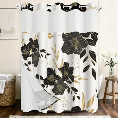 NAEMBCU No Hook Shower Curtain with Snap in Liner, Black & Gold Floral Botanical Print Shower Curtains for Modern Luxury Glam Bathroom, Art Deco Waterproof Bath Curtain with Mesh Top, 71x74 Inch