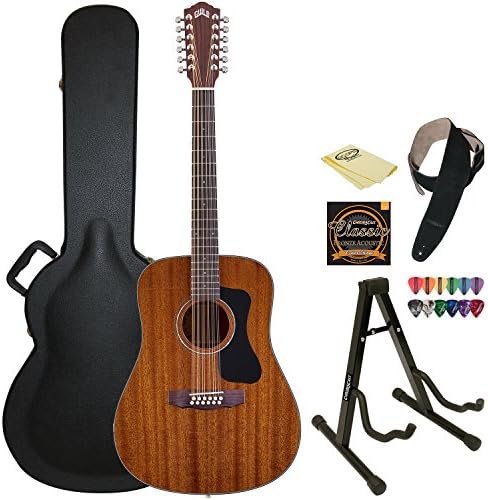 Guild D-1212 NAT Twelve String Acoustic Dreadnought All Mahogany Guitar with Guild Hard Case, ChromaCast Strings, Stand, Picks, Strap and Polish Cloth