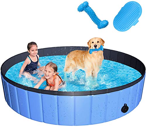 JUOIFIP Pataugeoire pliable pour chien 160 x 30 cm Extra large Portable en PVC antidérapant Baignoire pour animaux de compagnie et enfants Extérieur /Jardin (Inclure bain et jouet à mâcher en ) Cover