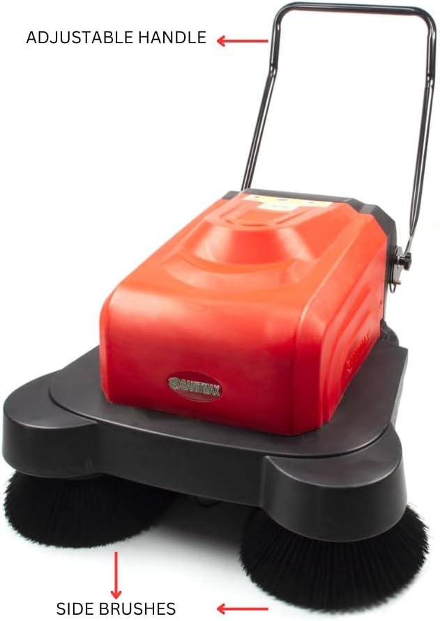 SANITMAX floor sweeper with adjustable handle and side brushes labeled