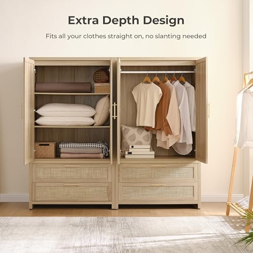 Image of SICOTAS Larger Armoire Wardrobe Closet, 71 inch Tall Rattan Freestanding Wardrobe Closet Cabinet with Storage and 2 Drawers, Boho Armoire Clothes Organizer with Hanging Rod for Bedroom, Light Oak (2 PCS)