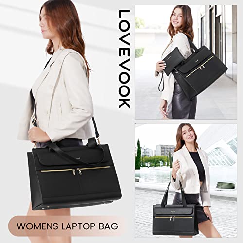 Image of LOVEVOOK Laptop Tote for Women - 15.6 Inch Professional PU Leather Computer Briefcase, Waterproof Handbag, Large Capacity Business Teacher Office Bag, Crossbody Purse - Black