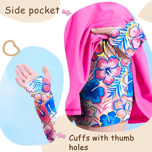 Image of HOZIY Girls Long Sleeve Swimsuit Two Piece Rash Guard Dress with Swim Shorts Front Zip for Kids Tween Teens UPF 50+