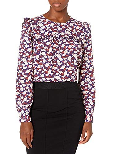 Amazon Brand - Lark & Ro Women's Crepe de Chine Long Sleeve Crew Neck Top with Ruffle Detail, PINK LILYPAD FLORAL, X-Small