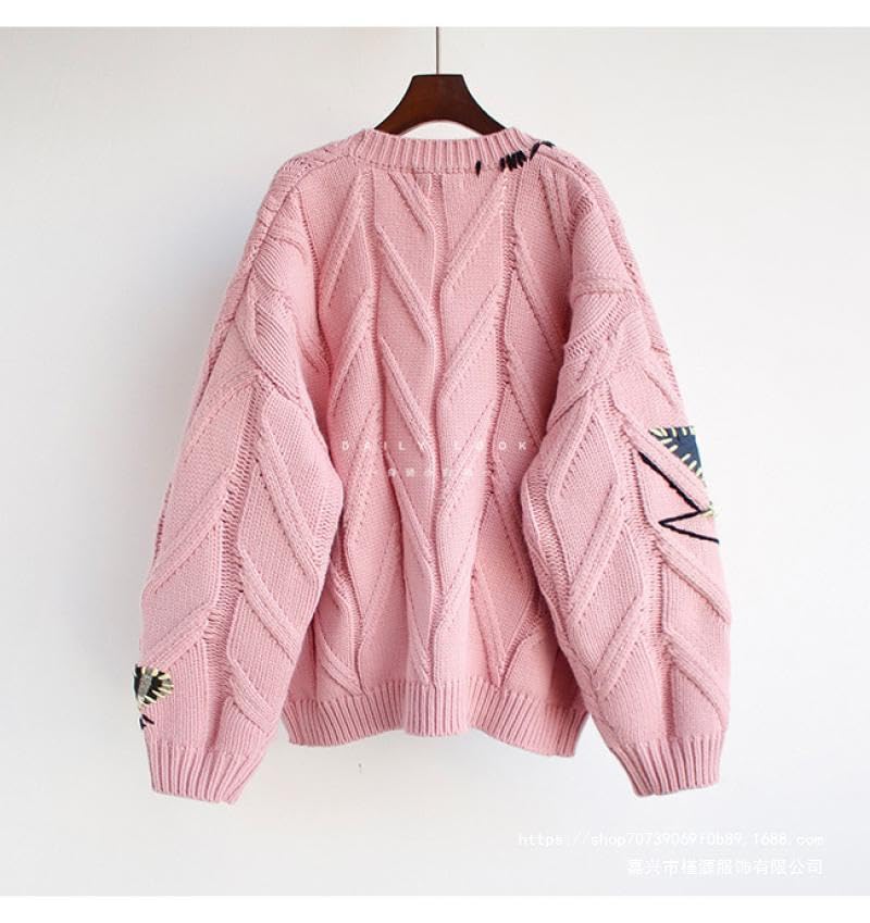 Image of Women's Cable Knit Open Front Cardigan V-Neck Button Down Embroidery Wool Blend Sweater Coat