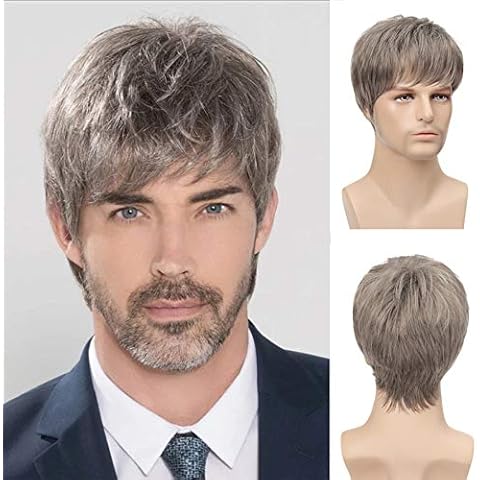 Mens Grey Wigs Short Layered Synthetic Hair Wigs with Bangs Cosplay Halloween Party Daily Heat Resistant with Wig Cap Cover