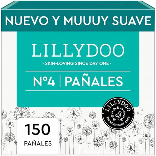 Pañales LILLYDOO delicados con la piel - talla 4 (9-14 kg), caja mensual (150 unidades), protección contra fugas, suaves, sin perfumes ni lociones y dermatológicamente probados