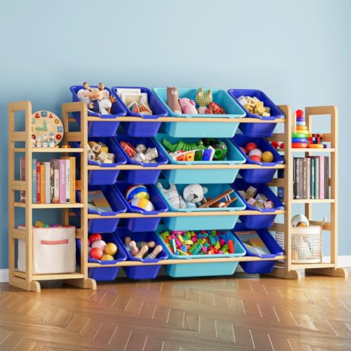 Image of SpaceAid Toy Storage Organizer with 6 Shelves and 16 Bins, Toy Organizers Storage Bookshelf, Kids Bin Shelf Toys Box Bookcase for Bedroom Playroom Organization Room Decor, Blue and Navy Blue
