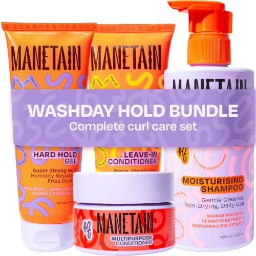 Image of MANETAIN Washday Hold Bundle Full Size - Complete Curly Hair Care Set | Moisturizing Shampoo 237ml | Multipurpose Conditioner 200gm | Leave-In Conditioner 200ml and Hard Hold Gel 200ml