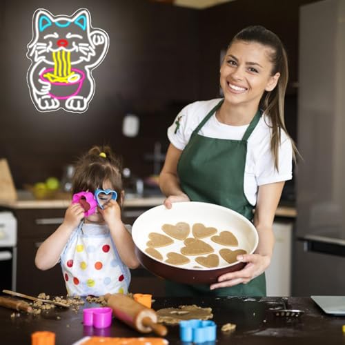 Image of Fortune Cat Ramen Neon Sign for Wall Decor, Dimmable Lucky Cat Neon Light, Japanese Noodles Led Signs for Restaurant, Kitchen, Home, Pub, Dinning Room