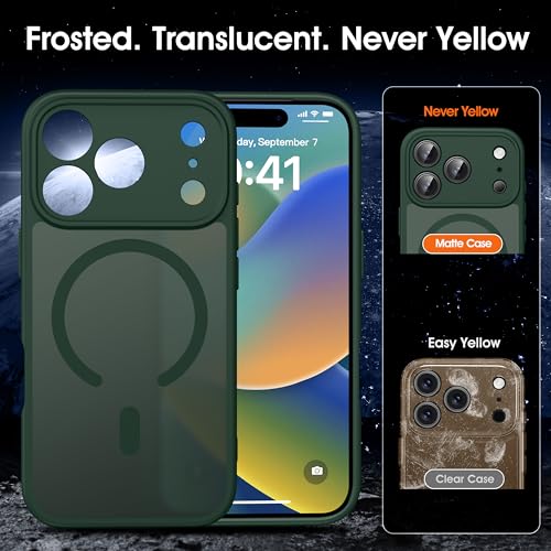 Image of Oterkin Magnetic for iPhone 17 Pro Max Case Matte, Full Camera Protection Compatible with MagSafe Frosted Translucent Shockproof Anti-Scratch Slim Fit Case Military Grade Protection (Dark Green)