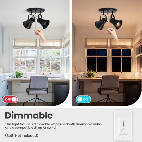 Image of 2-Light Black Track Lighting with Pull Chain, Industrial Adjustable Pull Chain Light Fixture Round Ceiling Light, Modern Flush Mount for Kitchen, Hallway, Dining Room