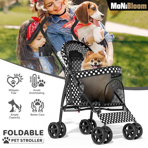 Image of MoNiBloom 4 Wheels Pet Stroller, Easy-Fold Umbrella Shaped Dog Cat Jogger Stroller w /Storage Bag & Visible Mesh for Small /Medium Dogs Cats Black Polka Dots