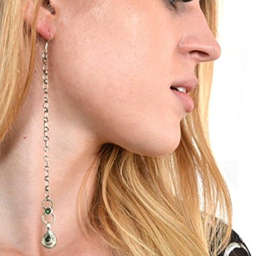 Single Long Silver and Green Gypsy Dangle Earring by Miri Boheme