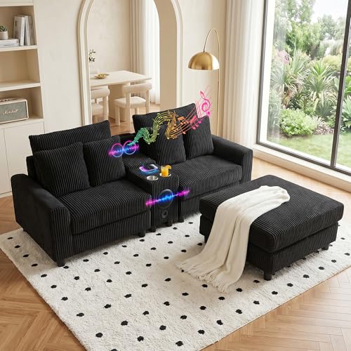 XUWANSHANG 83" Modular Sectional Couch with Built-in Speakers, Cup Holders | Corduroy Loveseat Couch with Deep Seat, Storage Console, USB Port, Movable Ottoman, Cloud Comfy Sofa for Living Room,Black