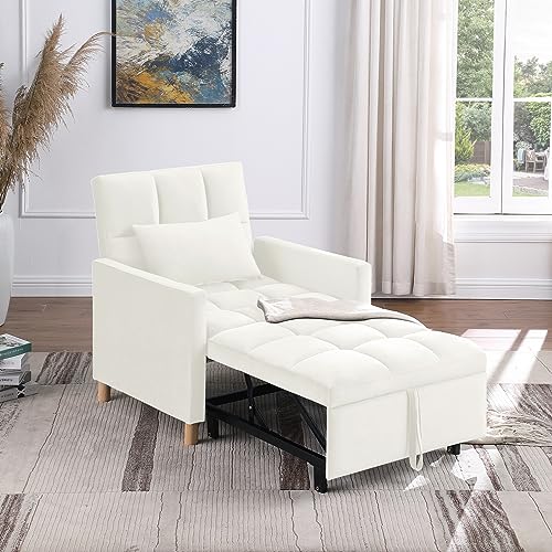 JINS&VICO Convertible Sleeper Sofa Chair Bed with Pillow, Teddy Upholstered Living Room Chairs with Steel Frame Support, Multi-Functional Accent Recliner Chair with 3 Reclining Angles, Beige - Thumbnail 4