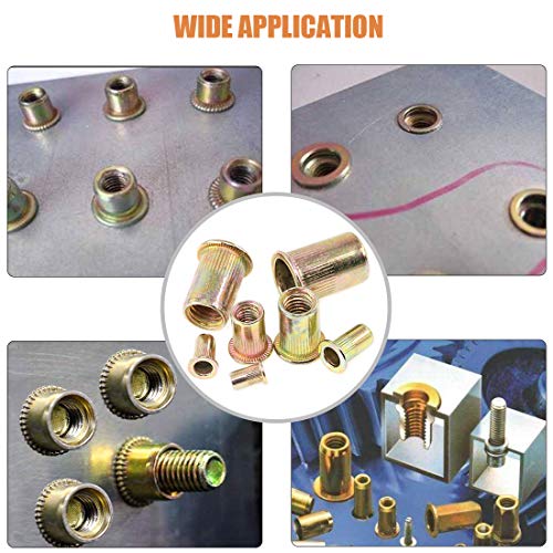 Keadic 140 Stk Nietmuttern Set, Blindnietmuttern, Flachkopf Gewindehülsen Einschraubmutter Sortiment, Kohlenstoffstahl Farbzink Einnietmuttern - M3/M4/M5/M6/M8/M10