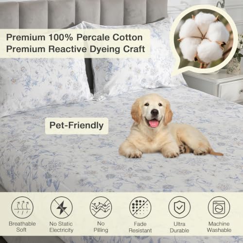 Image of Blue Floral Neutral Percale Bed Sheets King Size Deep Pocket, 4Pcs