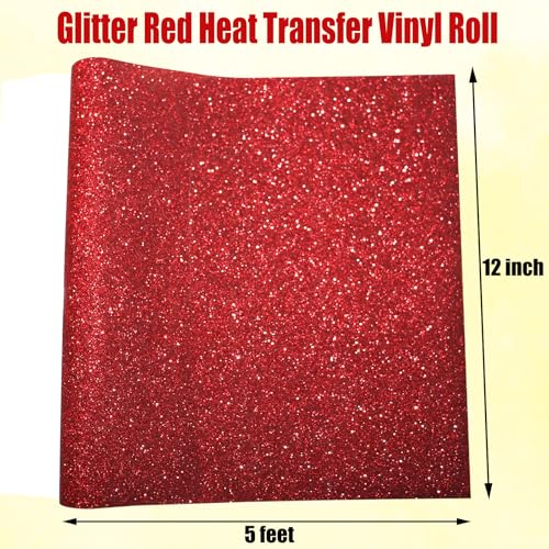 Image of Red Glitter Heat Transfer Vinyl Red Glitter Vinyl Glitter HTV Vinyl Rolls Pack 12Inch x 5Feet Iron on Vinyl for Cricut T-Shirts DIY Design, Silhouette Cameo & Heat Press Machine