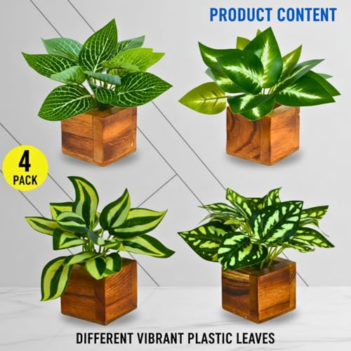 Image of DecoreBugs Artificial Leaves Potted Plants in Wooden Pot (4 Pack) Money Plant | Small Plants for Home Decor | Office Decor